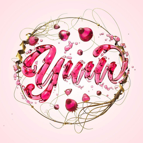 A vibrant, pink, fluid-style text spelling "Yum" surrounded by bubbles and decorative elements on a soft pink background.