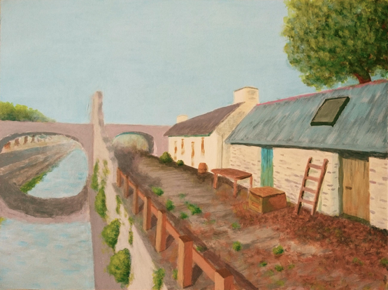 Scene at the edge of a village, with what once was a city wall, now partly crumbled. There's 2 small structures on the right, with some wood objects, next to a small street. There's a canal on the left, in the distance there's a small bridge over the canal and into the city.