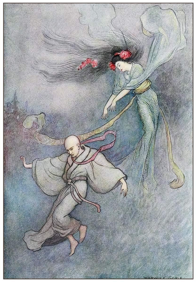A woman gracefully floats in mid-air, her veils and hair billowing around her as she gestures toward a man who appears to be running away.
