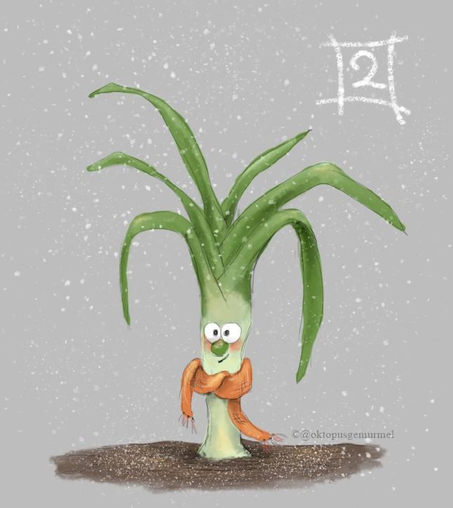 Zeichnung eines Lauches im Comic-Stil. Der Lauch guckt zuversichtlich und hat einen orangefarbenen Schal um seinen Hals geschlungen. Er wächst in dunkler Erde, Schneeflocken fallen um ihn herum. Oben rechts im Bild steht eine weiße Zwei.