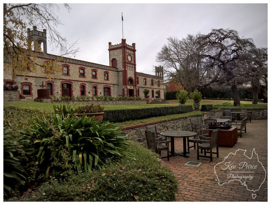 A wide angle color photograph of the historic, castle like stone winery buildings of Yalumba, featuring a prominent clock tower and turreted wings, surrounded by landscaped gardens and a brick patio with outdoor seating in the foreground. The trees in the background suggest late autumn or winter.