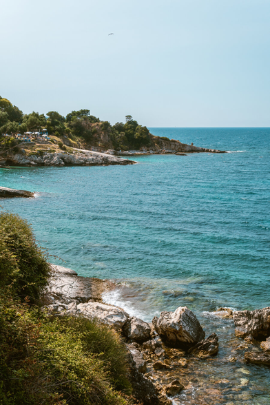 A photo of a bay with rocky beaches and trees visible in the background. A bird flies across the sky. The sky is cloudless.