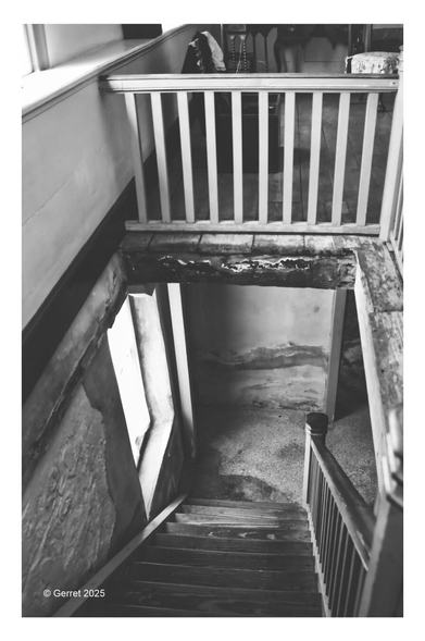 Black and white image of a narrow, worn staircase with a wooden railing leading down to a dimly lit room, evoking a sense of mystery and decay.