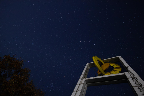 A sky full of stars. Some trees in the left corner. A tall, white structure in the right corner.