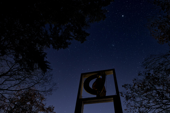 A sky full of stars. A tall, gate-like structure in the middle. Some trees in the corners and edges of the photo.