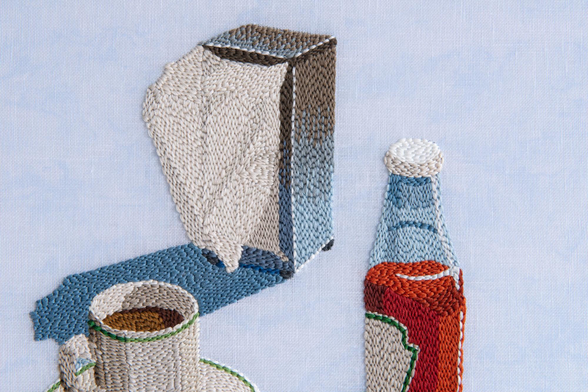 an embroidery of ketchup, a cup of coffee, and a napkin dispenser  by Adrienna Matzeg