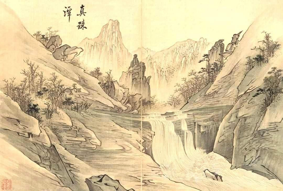 an ink painting of a stream running through rocks, small shrubs and trees growing from the rockface 