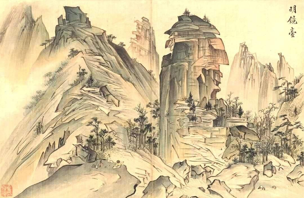 a painting of a mountain, cliffs, small trees, very angular rock formations 