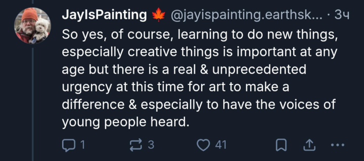 
So yes, of course, learning to do new things,
especially creative things is important at any
age but there is a real & unprecedented
urgency at this time for art to make a
difference & especially to have the voices of
young people heard.