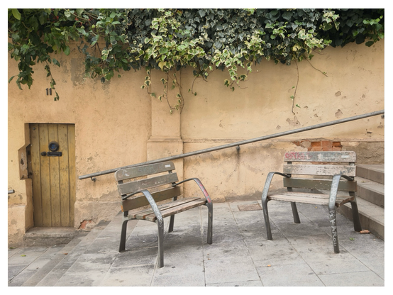 Two worn wooden benches with graffiti sit on a small paved area beside an old beige wall with a tiny wooden door and overhanging ivy.
