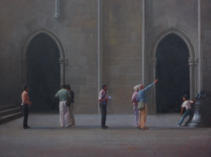 Painting: Alan Stones, Historians.
In a semi-Renaissance courtyard setting (in France) a group of people are spread out across the space appreciating its shape & architecture. Painted in muted hues it offers a quiet moment... 