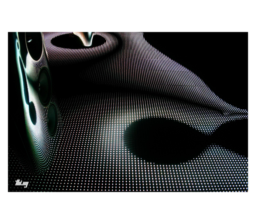 Close-up view of a LED floor matrix (white LEDs only) displaying abstract, smooth/fluid organic looking shapes/gradients emanating from underneath a KEF Muon loudspeaker (2 meters tall, milled solid aluminium). The shiny metal surface of the speaker (with a similar form aesthetic) is reflecting the floor in an otherwise completely black space.