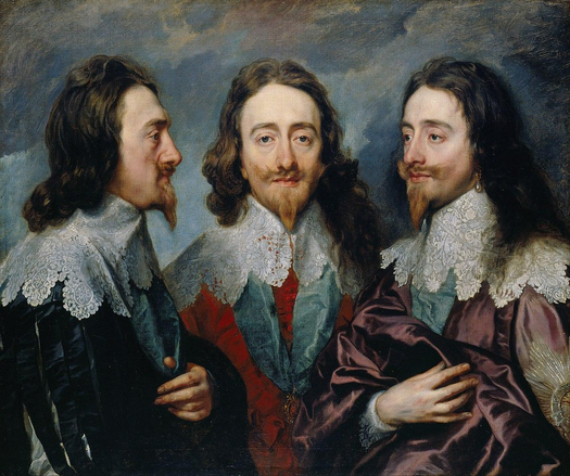 The painting shows three distinct views of Charles I, all dressed similarly in a blue and silver brocade doublet with lace collars, and each wearing a variation of the Order of the Garter.

    The left-facing view shows Charles in left profile, his hair slightly curled, his expression reserved, introspective.

    The central portrait presents a frontal, full-face view, where Charles gazes calmly and directly at the viewer. 

    The right-facing view is a three-quarter profile, slightly turned toward the center. It is perhaps the most dynamic of the trio, with a livelier eye and posture.

Adapted from description at gerrymartinez.com