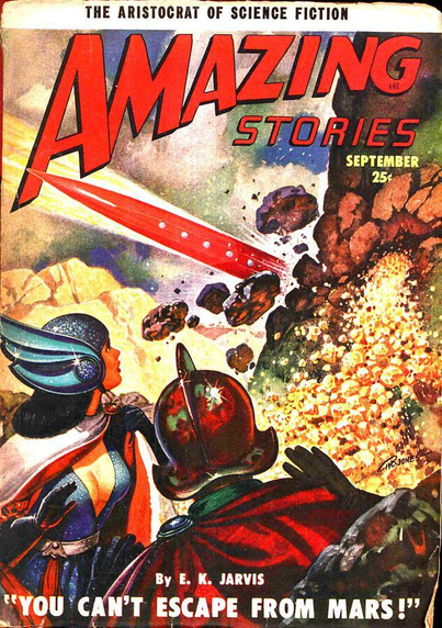 Two figures in stylised cloaks and helmets look away from the viewer at a scene in the distance where red needle-like space ship is hitting a rocky cliff. A stream of something which looks like nuggets of gold is spilling out from a hole in the cliff.
Amazing Stories magazine cover from 1950.
