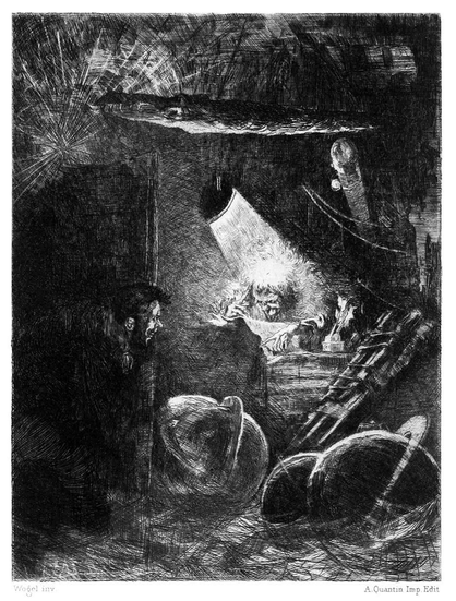 An old man sits at a desk in a room hung with cobwebs and littered with globes. He leans over a sheet of paper under a bright overhead lamp, appearing to have just read something interesting, while another man spies on him, hidden behind the door.
