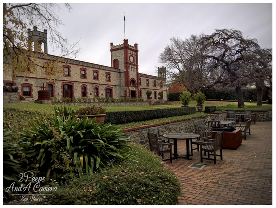 A wide angle color photograph of the historic, castle like stone winery buildings of Yalumba, featuring a prominent clock tower and turreted wings, surrounded by landscaped gardens and a brick patio with outdoor seating in the foreground. The trees in the background suggest late autumn or winter.