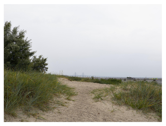 En liggande bild på Öresundsbron i bakgrunden. I förgrunden en gångväg i sanden med gräs på stranden. Till vänster en buske. Tunna moln på himmelen.