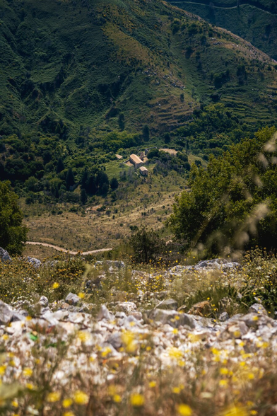 Ruins of an old town among mountains, yellow flowers visible in the foreground.