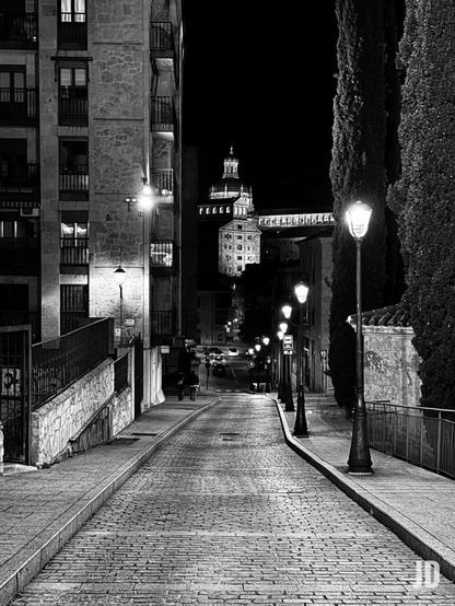 Una fotografía en blanco y negro de una calle urbana por la noche. La calle, empedrada o adoquinada, asciende suavemente y se curva hacia el fondo. A la izquierda, un edificio alto de varias plantas con fachadas de piedra y balcones de hierro forjado, con algunas ventanas iluminadas. Un muro bajo de piedra y una verja metálica flanquean este lado de la calle. A la derecha, una acera con varias farolas clásicas de estilo antiguo que se extienden en la distancia, la más cercana en primer plano. Árboles altos y esbeltos (cipreses) se alinean a lo largo del lado derecho. Al fondo, sobre la calle que se curva, se divisa un gran edificio histórico con una cúpula o torre prominente, brillantemente iluminado contra el cielo oscuro. Debajo de este, se aprecian otros edificios y un posible puente o pasarela elevada. Dos figuras de personas caminan por la calle en la distancia media, y luces de coches se ven más allá. La iluminación de las farolas y las ventanas crea un ambiente dramático y contrastado.