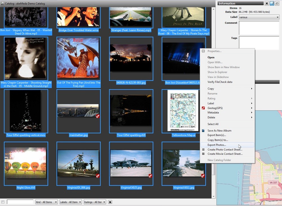multi-media file selection in abeMeda, with music, images and videos - and the option to use photo export for all of them in the context menu!