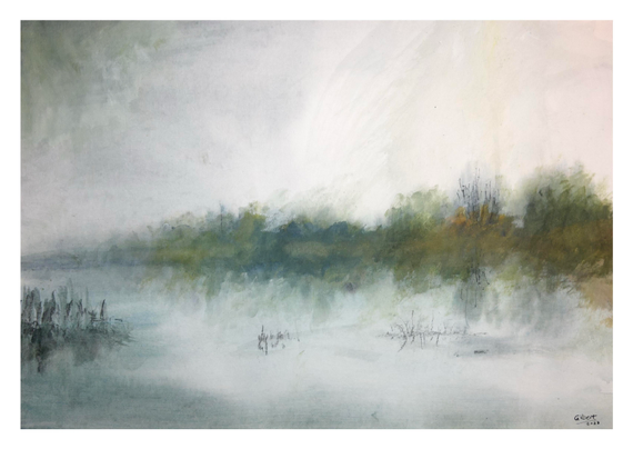 An abstracted landscape painting featuring a misty river with soft reflections, surrounded by lush greenery and distant trees. The color palette is muted, with shades of grey, green, and hints of warm tones.