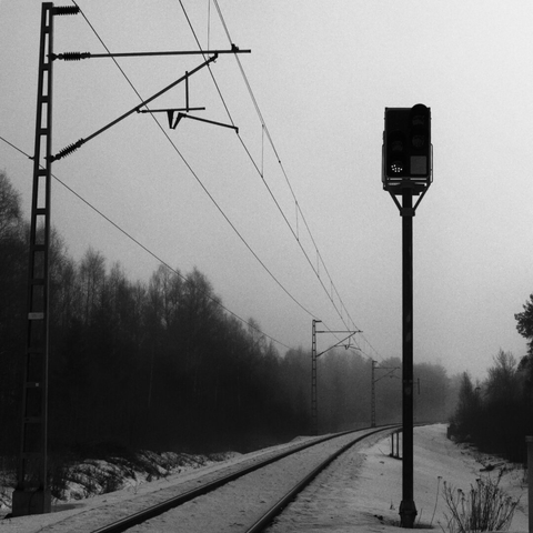A gloomy, misty railway scene in black and white. Snowy tracks curve into dense trees under overcast skies.