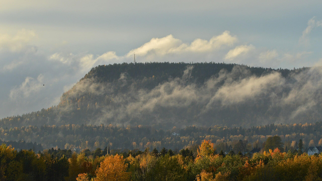 A photo of a low forest covered mountain with clouds drifting past it. The leaves are turning yellow.