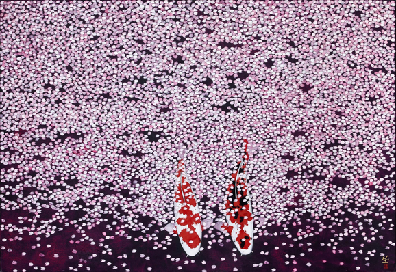 The image features two koi fish swimming through a vibrant underwater scene filled with pink and white petal-like shapes, evoking a serene and artistic atmosphere.