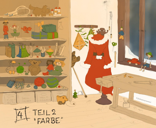Fast vollständig kolorierte Skizze. Sie zeigt eine Werkstattszenerie. Rechts im Bild, ein großes Fenster mit Werkbank. Mittig ein Kleiderständer mit daran hängendem Weihnachtsmannmantel. Links ein wandhohes Regal, gefüllt mit allerlei Spielzeug. Die gewählten Farben sind in warmen Tönen gehalten. Unten im Bild steht die Zahl 4, daneben "Teil 2 "Farbe"".
