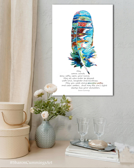 Colorful feather and a blessing poem by artist Sharon Cummings.