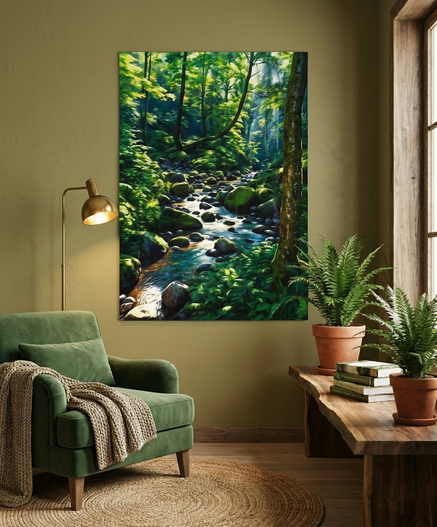 Forest creek running through stones covered in moss on the wall