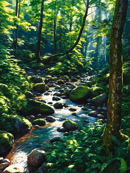 Forest creek running through stones covered in moss