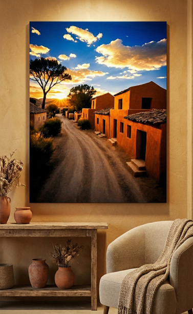 Sunset over a street in a village of adobe houses canvas print