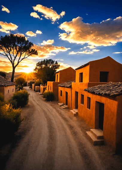 Sunset over a street in a village of adobe houses