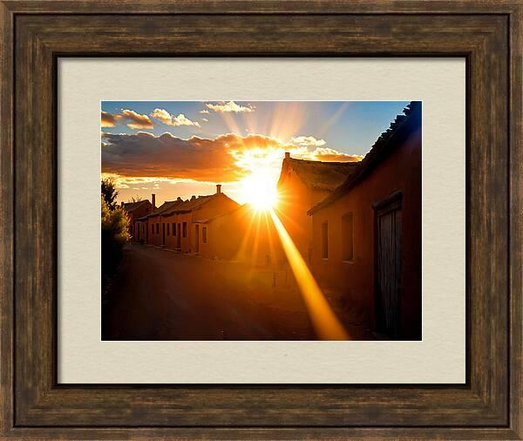 Sunshine in sunset over a village street framed print