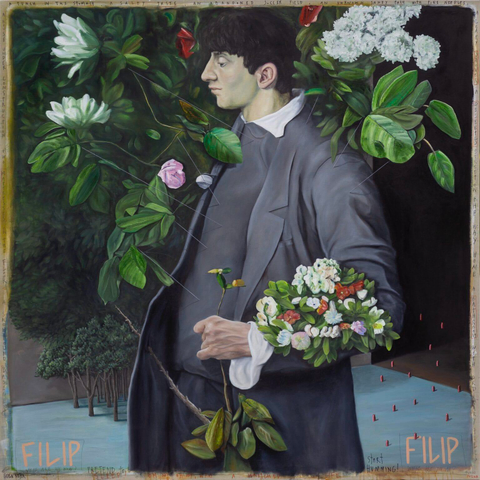 A painting by Gideon Kiefer of a male figure surrounded by flowers, with some notations and color swatches around the edges