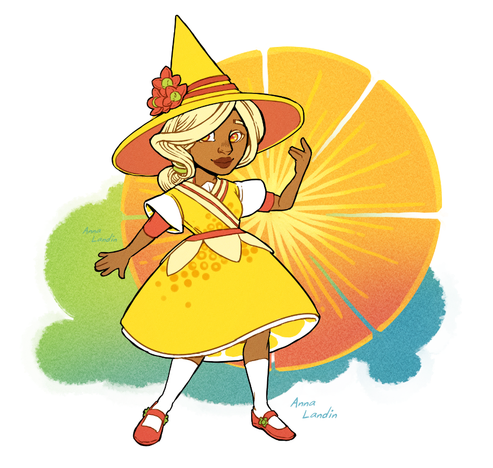 A drawing of a cartoony witch. She has brown skin, yellow eyes and long, cream-coloured hair. She wears a dress with a knee-length skirt, in a bright lemon yellow colour with a pattern like a cut lemon on the inner skirt. On her yellow hat are clove flowers. 