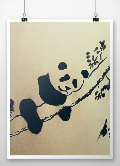 Black and white sketch of a giant panda sleeping on the branch of a tree, using some black patches of ink and simple brushpen strokes to produce the image.