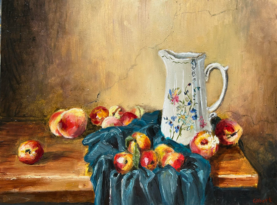 An oil painting of a white jug with a floral pattern and some assorted apples, nectaries and peaches, with a blue velvet cloth on a wooden table. Behind is a plastered wall with a crack that runs 3/4 way across the painting. 