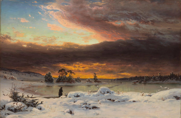 A dark, wide oil painting of a snowy winter landscape at sunset or sunrise. The sky is dominated by dramatic, dark clouds with vibrant streaks of orange and yellow light glowing through. A frozen lake stretches across the middle ground, with small, tree-covered islands. A lone, dark figure walks on the snow-covered foreground bank to the left.