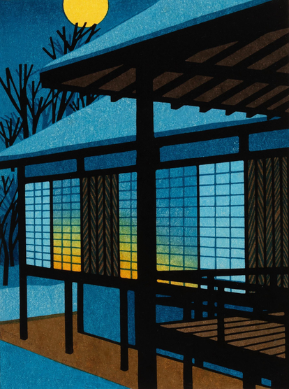 A full moon shines down on a small part of Katsura Imperial Palace, in Kyoto. Snow covers the rooftop and lies across the ground; warm candlelight glows on the other side of shoji sliding doors. Just beyond the building, a forest of leafless trees reach up toward the yellow full moon, rising in a starless night sky.