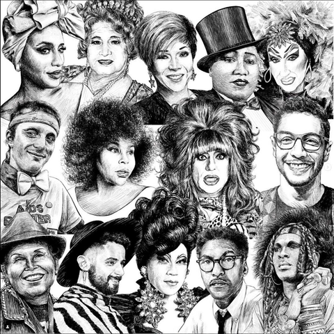 Compilation of 14 portrait drawings of LGBTQ+ icons from past and present. Top row from left to right: Honey Mahogany, Jose Sarria, Tita Aida, Gladys Bentley, and Sister Roma. Middle row from left to right: Bobbi Campbell, Breonna McCree, Heklina, and J Manuel Carmona. Bottom row from left to right: Felicia Flames, Simone Malvaez, Juanita MORE!, Bayard Rustin, and Sylvester.