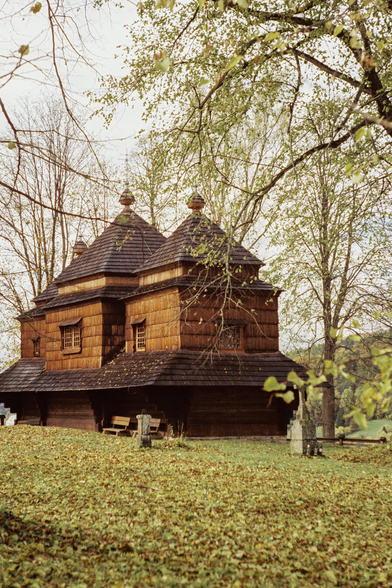 An old brown Orthodox church, visible through the trees, with branches entering the frame.