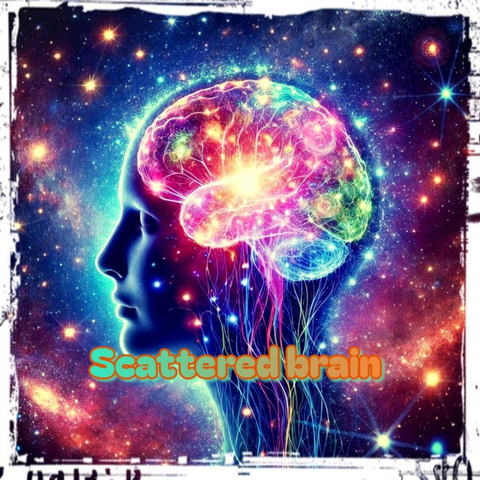 Neon cosmic artwork of a glowing human brain filled with chaotic rainbow light, set against a starry universe. The text “Scattered brain” appears in bright orange letters.