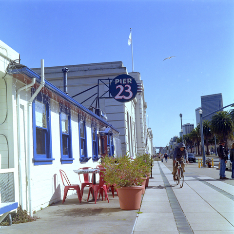 A color photograph of a bright sunny day with a cloudless blue sky framing the top of a small eatery with a round sign that says "Pier 23". The eatery has white walls with blue windows and some red outdoor dining chairs in front next to big potted green shrubs with purple flowers. The sidewalk stretches into the distance and has a smattering of walkers and a person in a gray hoodie on a bike in the mid ground right below a white seagull. Whole image is just variations of white and blue with some accents of other  colors. Shot with a Rolleiflex Standard1935 and ZeissTessar75f3.5 lens, on KodakGold200, and developed with BelliniC41 by Shom Bandopadhaya. Licensed under Creative Commons Attribution-NonCommercial-ShareAlike (CC BY-NC-SA).