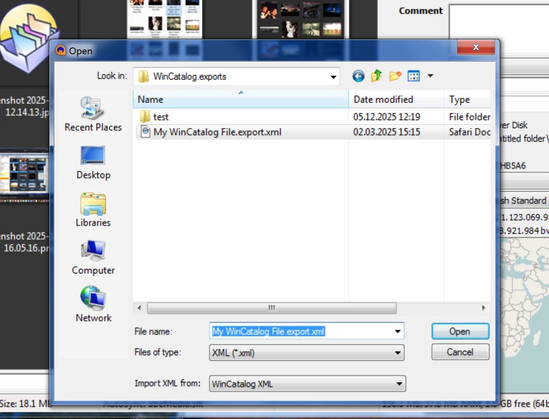 the abeMeda XML import dialog with a winCatalog export selected ready for importing!