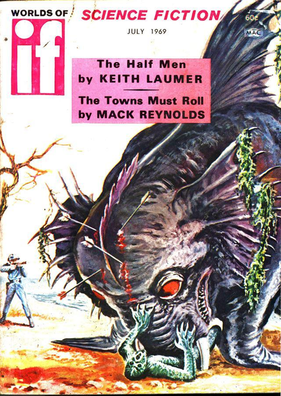 In the foreground, a large finned monster about the size of an elephant, multiple arrows sticking out of its head, is attacking a green humanoid figure on the ground which looks like the Creature From The Black Lagoon. In the background, a human-looking figure is aiming a long gun at it.
Worlds of IF magazine cover from 1969.
