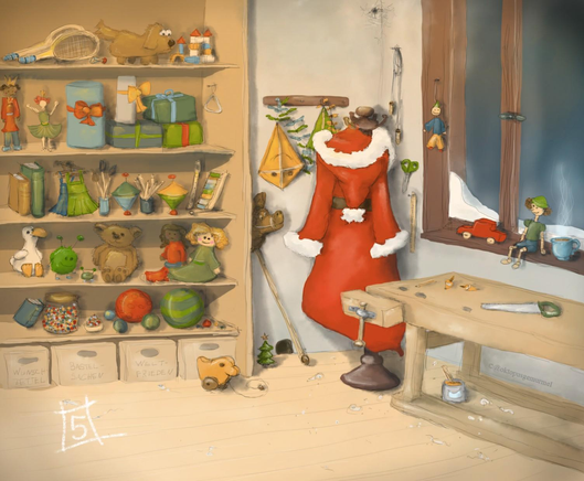 Fertige Zeichnung einer Werkstatt. Ein Fenster nebst Werkbank ist auf der rechten Seite des Bildes. Vor dem Fenster liegt Schnee und es ist nacht. Auf der Fensterbank steht eine blaue, dampfende Tasse. Mittig des Bildes befindet sich ein Kleiderständer mit einem Weihnachtsmannmantel daran hängend. Die Linke Seite des Bildes füllt ein wandhohes Regal aus, gefüllt mit allerlei bunten Spielsachen. Auch im restlichen Bild sind zahlreiche Spielsachen verteilt.