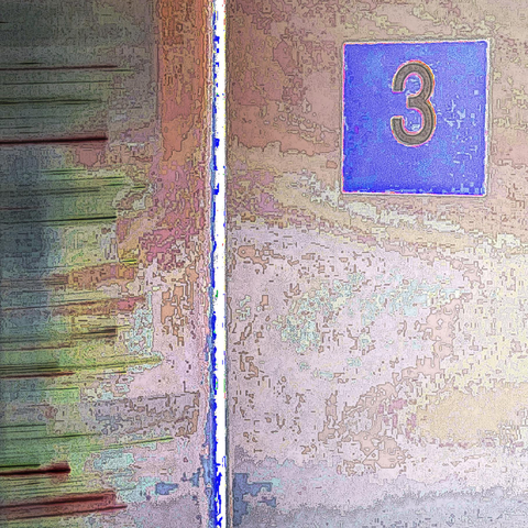 The image of brushed steel elevator doors reflecting christmas tree lights, with the number 3 prominently in the upper left. Image heavily manipulated and degraded for painterly effect.