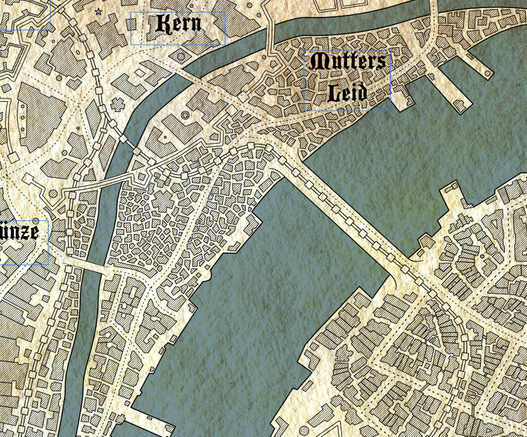 Ein Screenshot einer digital gezeichneten Karte in historisch gehaltenen Stil. Die Stadt hat einen großen Flussarm und einen Kanal, Stadtmauer, Brücken und eine Eisenbahnlinie